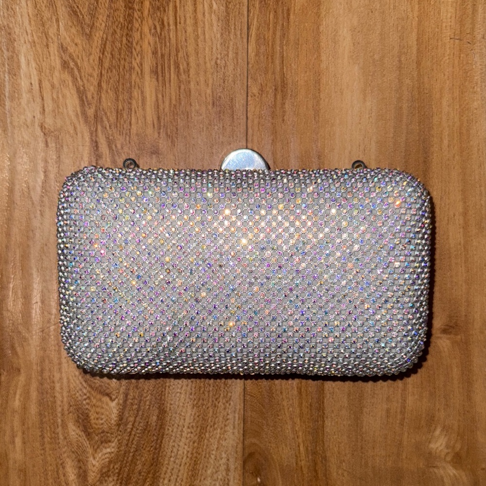 David's Bridal Iridescent Silver Clutch